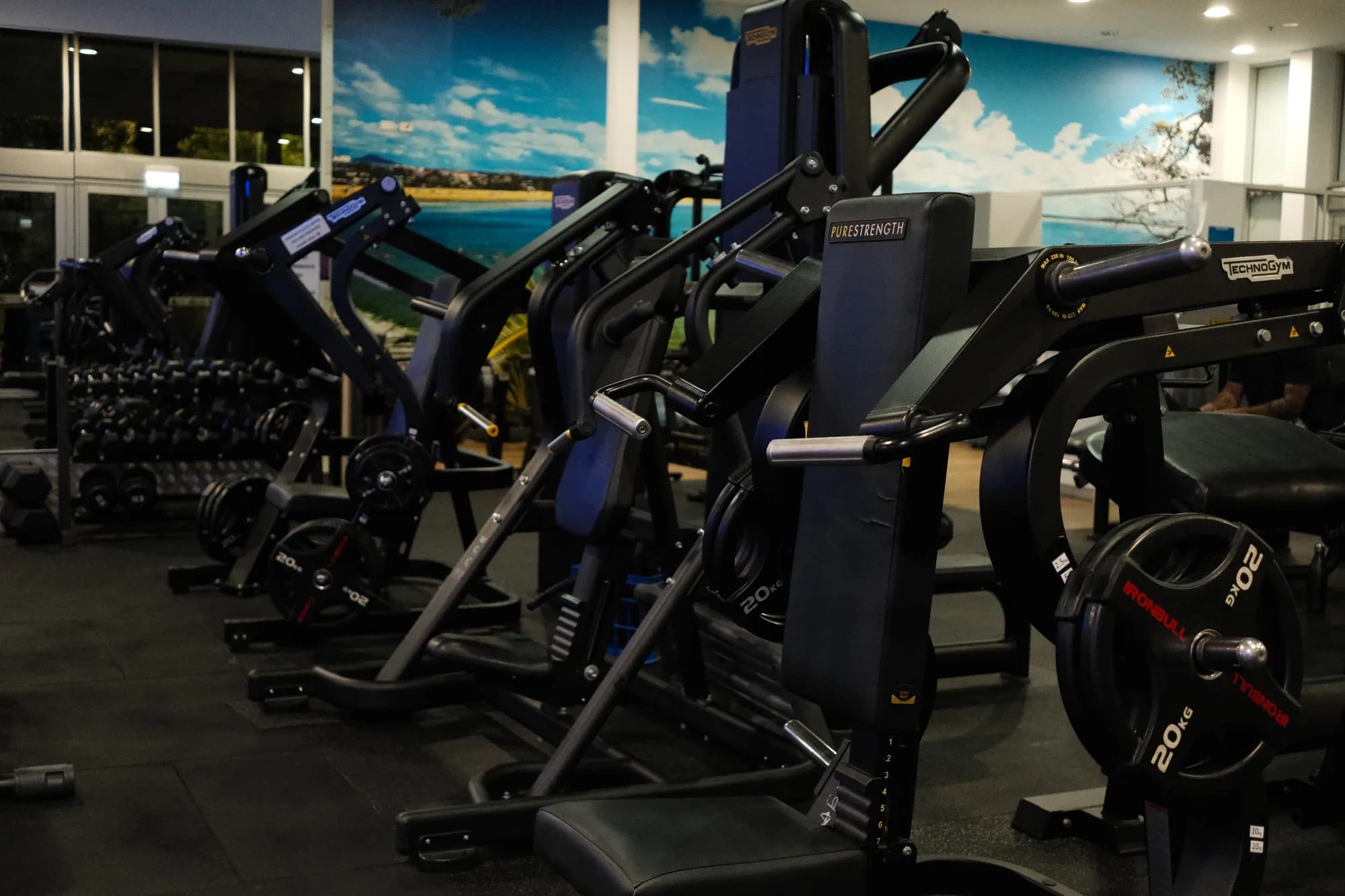 Row of plate-loaded machines beside the dumbbell racks