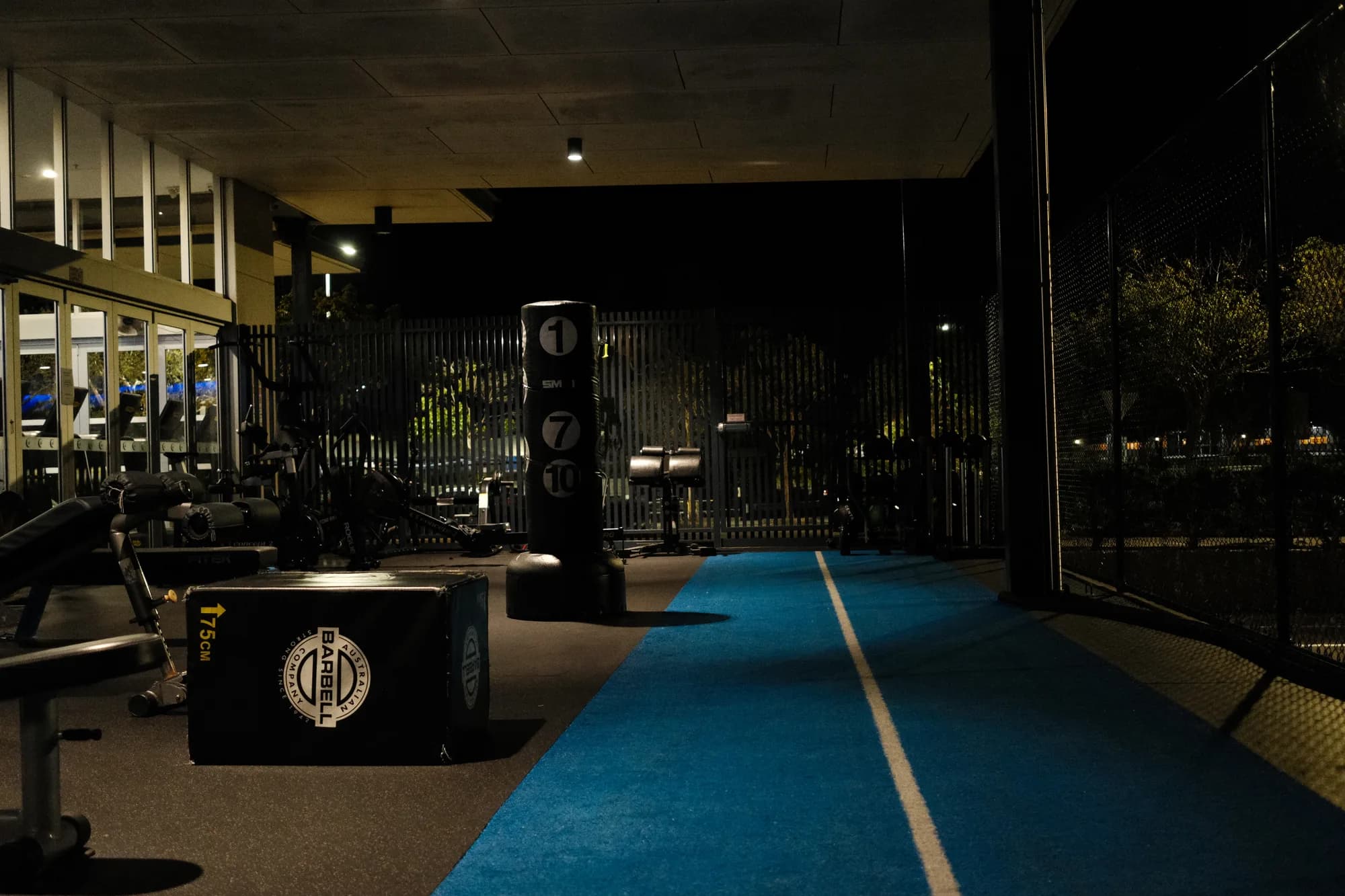 Sled track and plyo boxes in the outdoor training zone